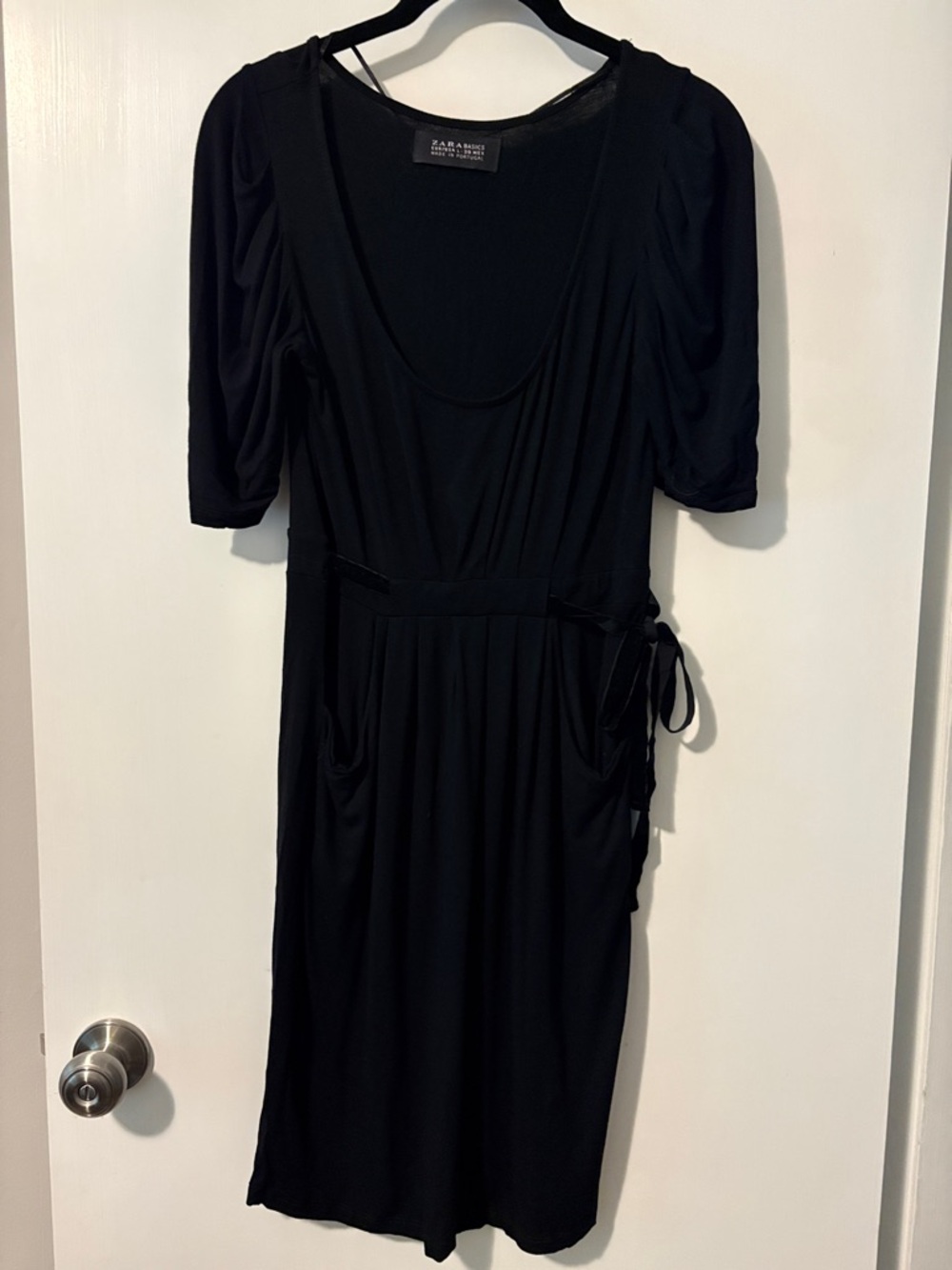 Zara Black Midi Scoop-Neck Wrap-Tie Dress